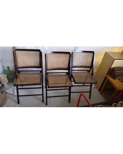 Trio de chaises pliantes en bois & cannage vintage Années 60