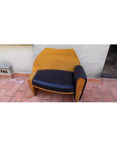Canapé Méridienne fauteuil  chêne blond et cuir Vintage
