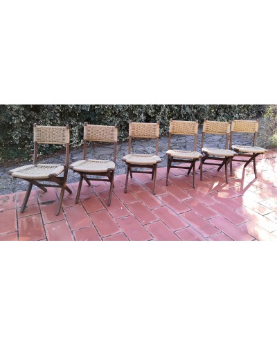 Chaises pliantes scandinaves teck  et corde style Hans Wegner 1960 Set de 6