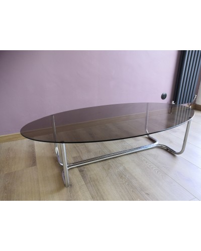 Table basse ovale  chrome et verre fumé années 70 vintage