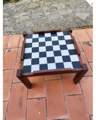 Table basse scandinave bois et céramique à damier 1960 vintage