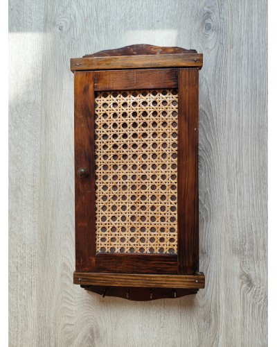 Boite clef vintage en bois et cannage 13 crochets Années 70