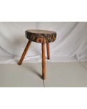 Tabouret Bout de canapé tripode brutaliste rondin bois vintage