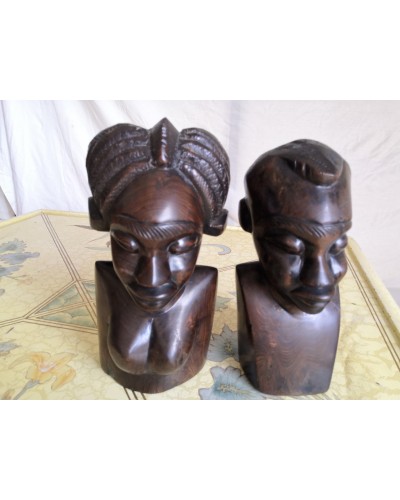 Serre livres Bustes Couple bois ébène africanisme vintage