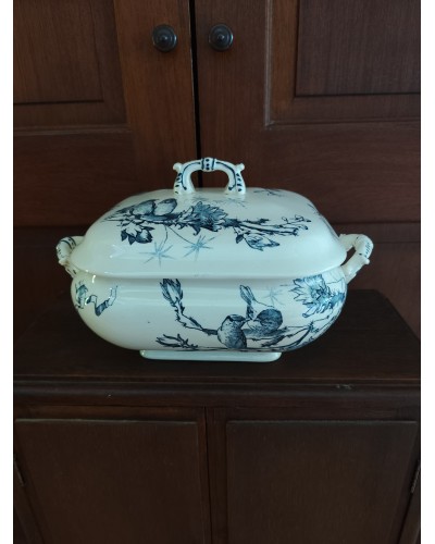 Ancienne soupière rectangulaire en faïence Terre de Fer PARIS  modèle oiseauxSoupière