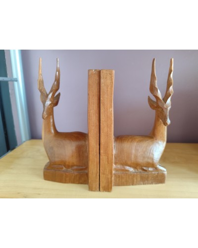 Paire de serre-livres cerfs en chêne massif vintage