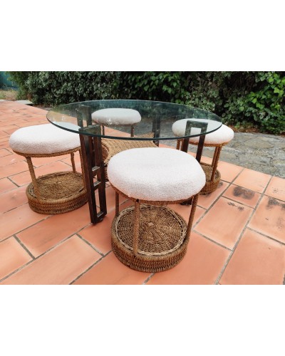 Table basse et 4 tabourets en corde & rotin 1970 vintage