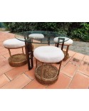 Table basse et 4 tabourets en corde & rotin 1970 vintage