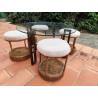 Table basse et 4 tabourets en corde & rotin 1970 vintage