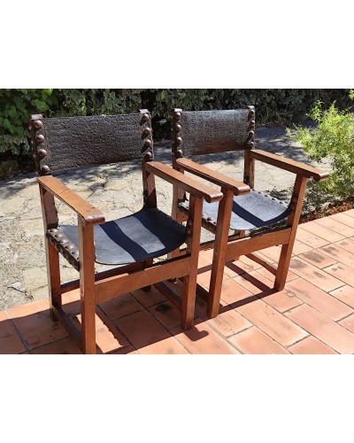 Paire de fauteuils brutalistes français en chêne et cuir 1920