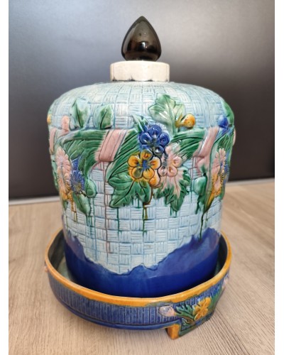 Cloche à fromage avec son plat en majolique faïence Victorienne antique  Art Nouveau