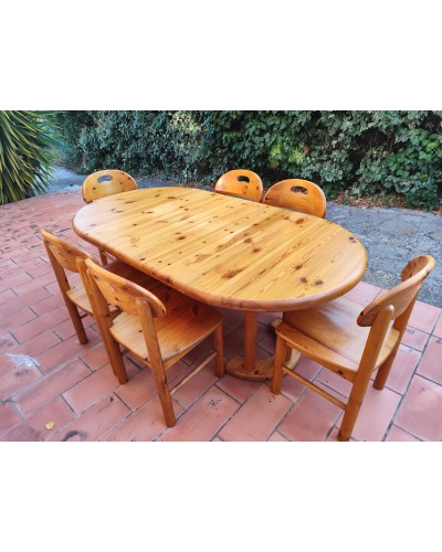Ensemble Repas Table ronde extensible et 6 chaises scandinave en pin massif par Rainer Daumiller vintage