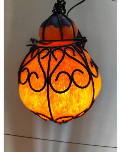 Suspension lanterne Vénitienne en pâte de verre orange & bleu Murano vintage Italie 1970