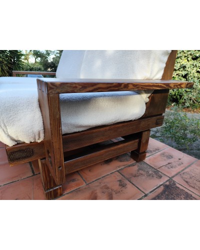 Canapé brutaliste vintage en sapin & tissu bouclette écru 2/3 places 1970