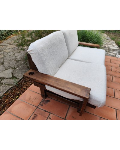 Canapé brutaliste vintage en sapin & tissu bouclette écru 2/3 places 1970