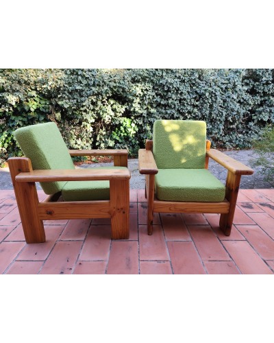 Duo de chauffeuses vintage brutalistes en pin massif Années 80 DLG Regain