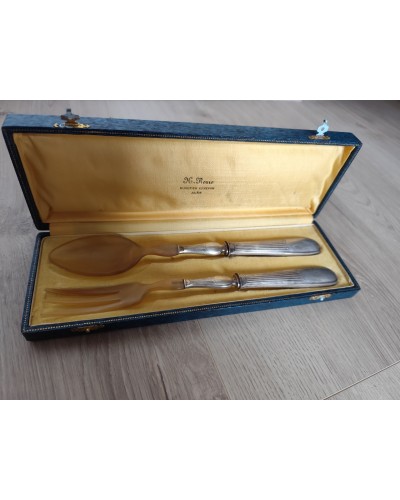 Cuillères de service à salade en métal argenté & corne dans leur écrin vintage