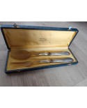 Cuillères de service à salade en métal argenté & corne dans leur écrin vintage