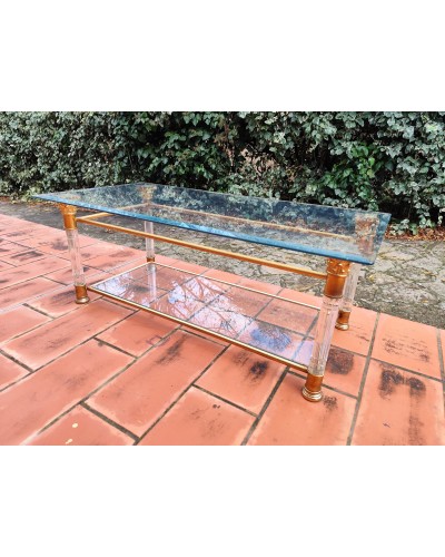 Table basse rectangulaire en verre, laiton  et plexiglas Italie Hollywood Regency vintage 1970