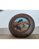 Assiette ancienne décorative en bois Art Populaire décor peint à la main signée MP