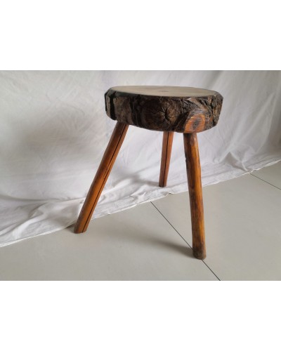 Tabouret Bout de canapé tripode brutaliste rondin  bois vintage