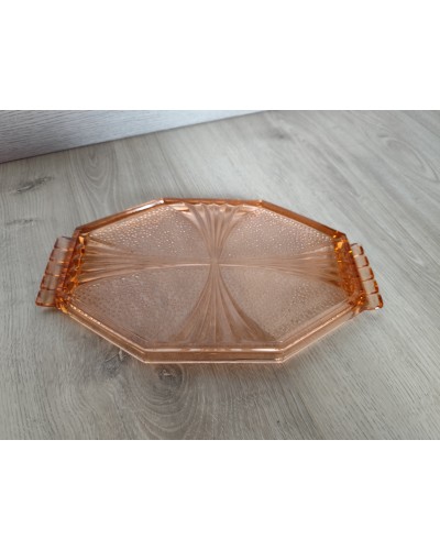 Plateau octogonal Art Deco en verre rose antique