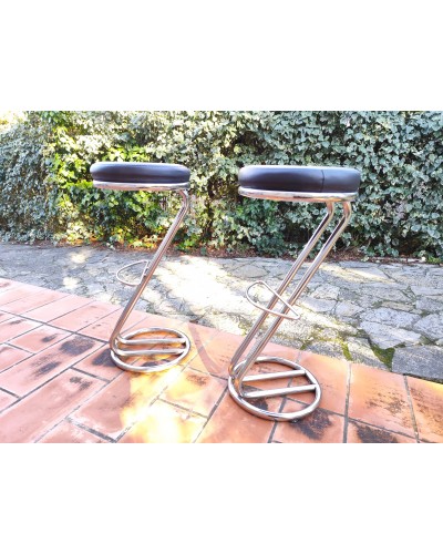 Duo de Tabourets hauts métal chromé et cuir  Z vintage 80