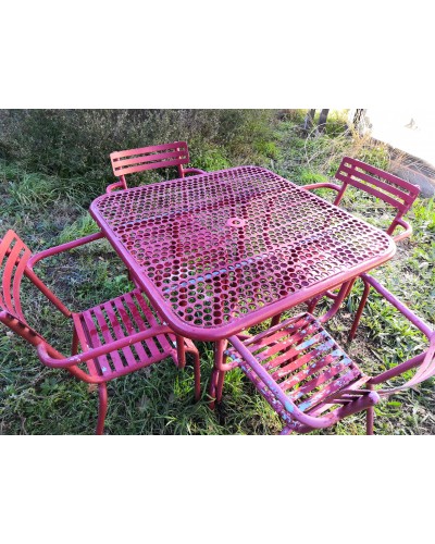 Salon de jardin tout métal: 1 table perforée et 4 fauteuils  chaises VINTAGE Années 50