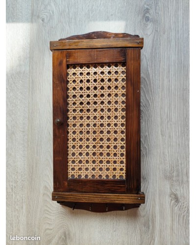 Boite clef vintage en bois et cannage 13 crochets Années 70