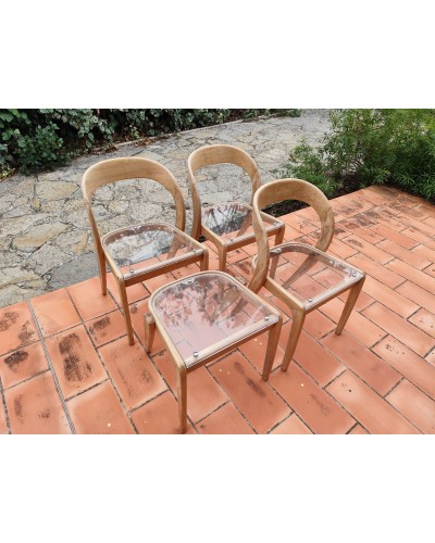 Suite de 3 chaises + 1 tabouret BAUMANN Modèle Gondole Chêne clair revisités plexiglas Vintage 70