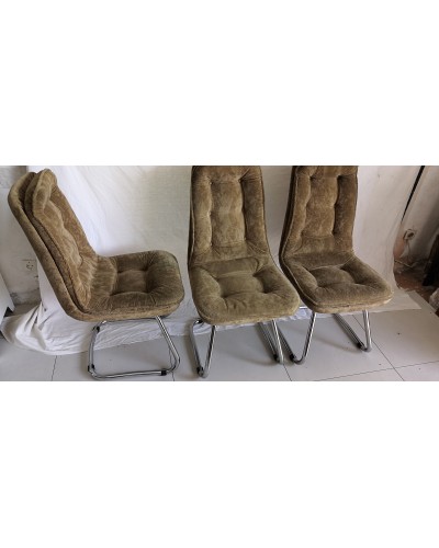 Suite de 3 chaises fauteuils vintage chrome et velours Années 70